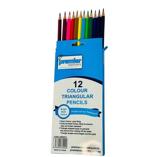 Premier Triangular Colour Pencils – Pack of 12 Assorted Colours, 3mm Lead, Break-Resistant, Eco-friendly plantation timber