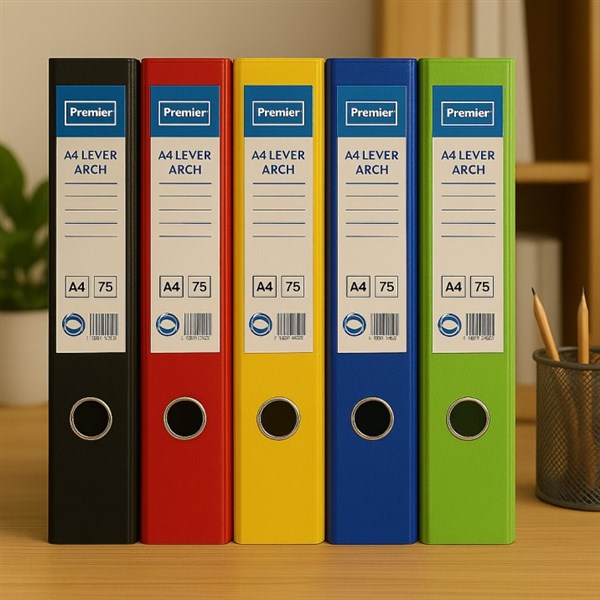 Premier Linen Lever Arch File A4 – 75mm Spine – Assorted Colors – Pack of 5
