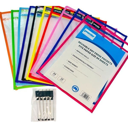 Premier Write n Wipe Erasable Sleeves Asst with Markers – 10 Pack + 10 Dry Erase Pens