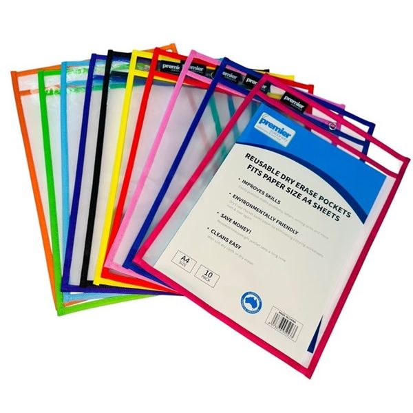 Premier Write n Wipe Erasable Sleeves Asst with Markers – 10 Pack + 10 Dry Erase Pens