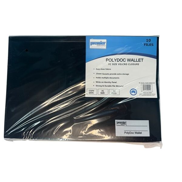 Premier PolyDoc Wallet – Foolscap Size, Made from recyclable, durable polypropylene material, Black, Pack of 10