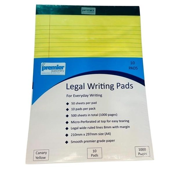 Legal Writing Pads Yellow - Premium Pad Ruled A4 - 50 Leaf 2 Sides Yellow Pack-10