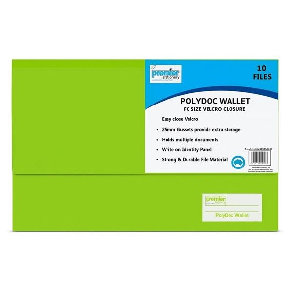 Premier PolyDoc Wallet – Foolscap Size, Made from recyclable, durable polypropylene material, Green, Pack of 10