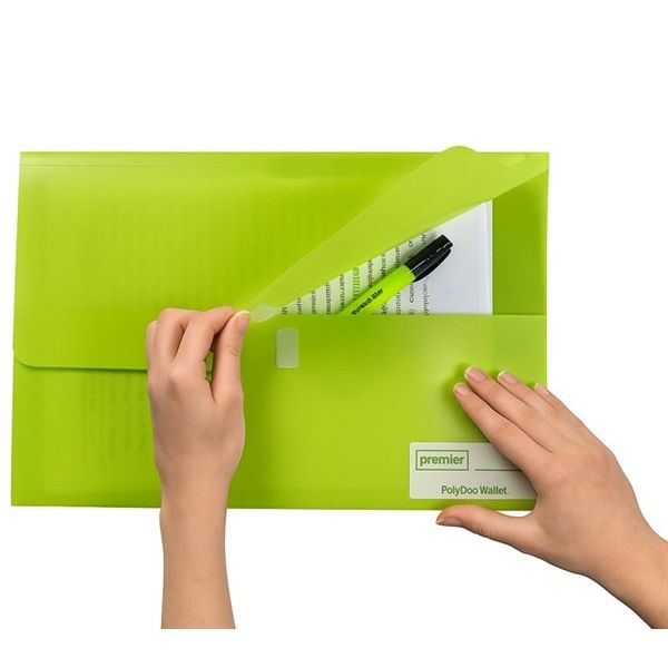 Premier PolyDoc Wallet – Foolscap Size, Made from recyclable, durable polypropylene material, Green, Pack of 10
