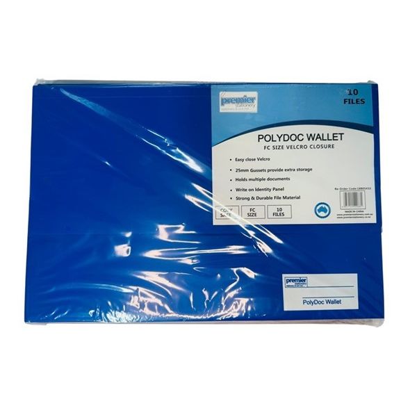 Premier PolyDoc Wallet – Foolscap Size, Made from recyclable, durable polypropylene material, Blue, Pack of 10