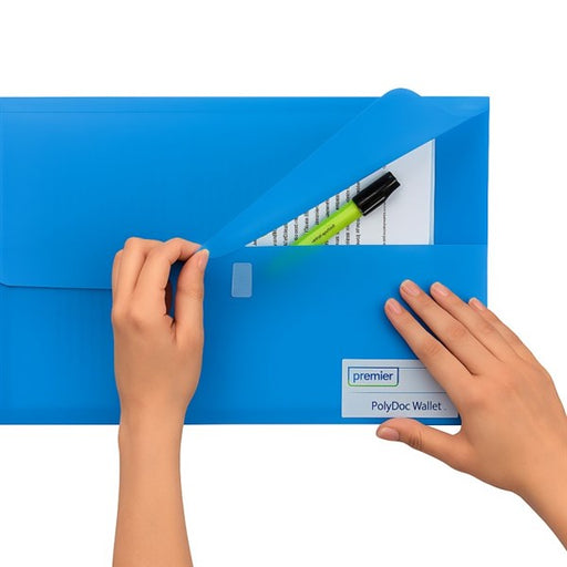 Premier PolyDoc Wallet – Foolscap Size, Made from recyclable, durable polypropylene material, Blue, Pack of 10