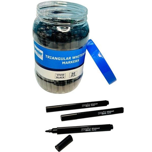 Premier Triangular Grip Whiteboard Markers – Vivid Black, Bullet Point, 60 pcs Reusable Tub ( Each marker only 0.28 cents )