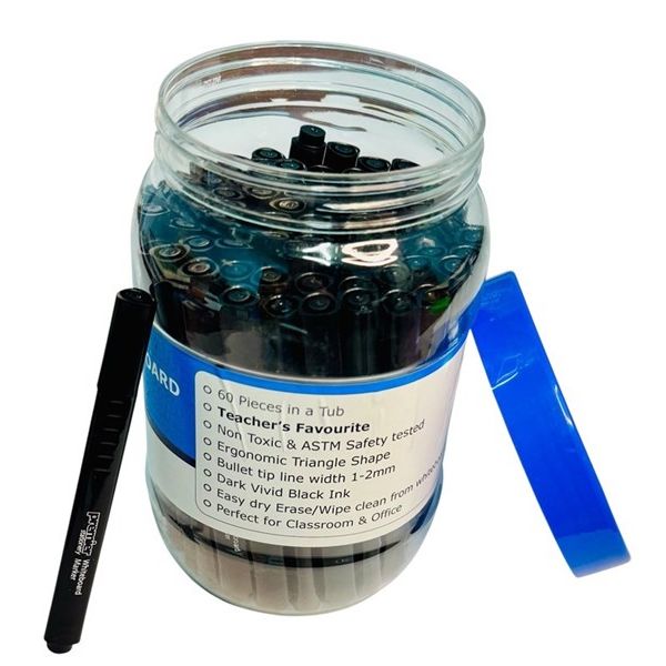 Premier Triangular Grip Whiteboard Markers – Vivid Black, Bullet Point, 60 pcs Reusable Tub ( Each marker only 0.28 cents )