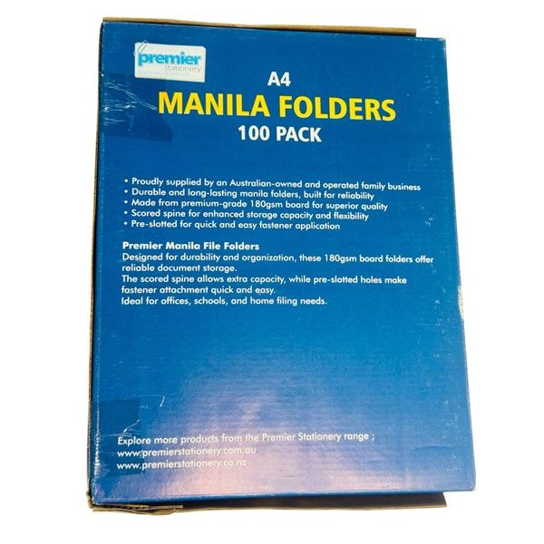 Premier A4 size Manila Folders Buff – 100pcs per Pack - Heavy Duty 180 GSM durable Manilla Board Folders - for Office & School & Home
