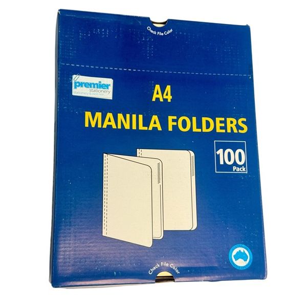 Premier A4 size Manila Folders Buff – 100pcs per Pack - Heavy Duty 180 GSM durable Manilla Board Folders - for Office & School & Home