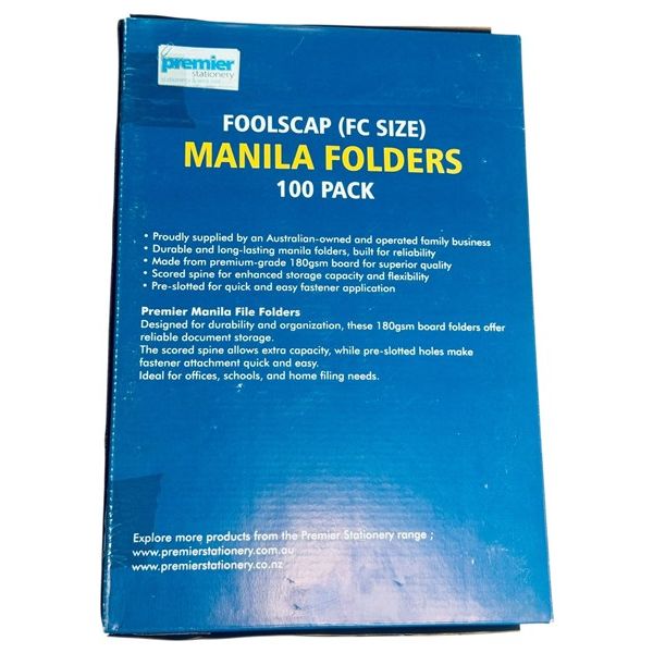 Premier Foolscap Manila Folders Buff – 100 per Pack - Heavy Duty 180 GSM durable Manilla Board Folders - for Office & School & Home