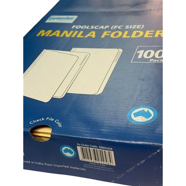 Premier Foolscap Manila Folders Buff – 100 per Pack - Heavy Duty 180 GSM durable Manilla Board Folders - for Office & School & Home