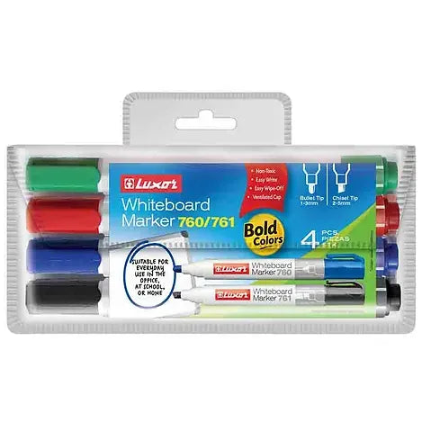 Luxor Whiteboard Marker 760, Assorted Colours, Bullet Point – Wallet of 4 (Buy in Multiples of 12 Wallets)