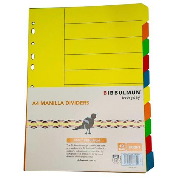 Bibbulmun A4 Manila Dividers – 10 Tabs – Bright Colours