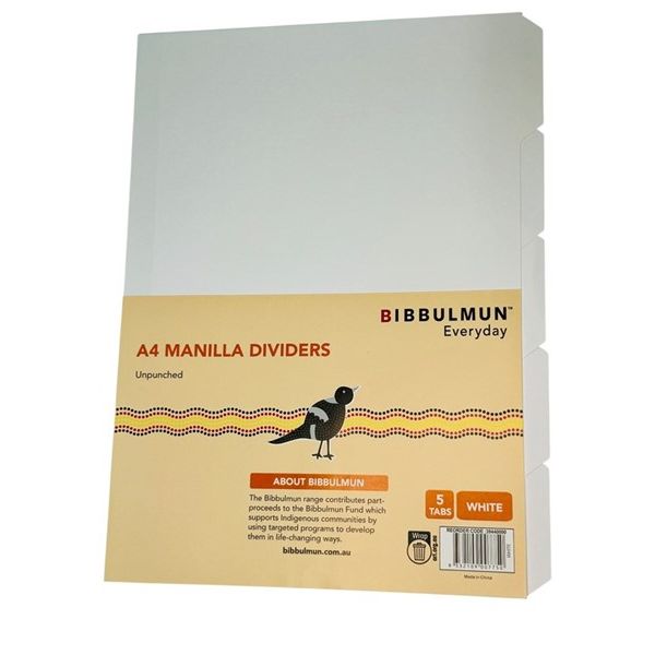 Bibbulmun A4 Manila Dividers – 5 Tabs – Plain White
