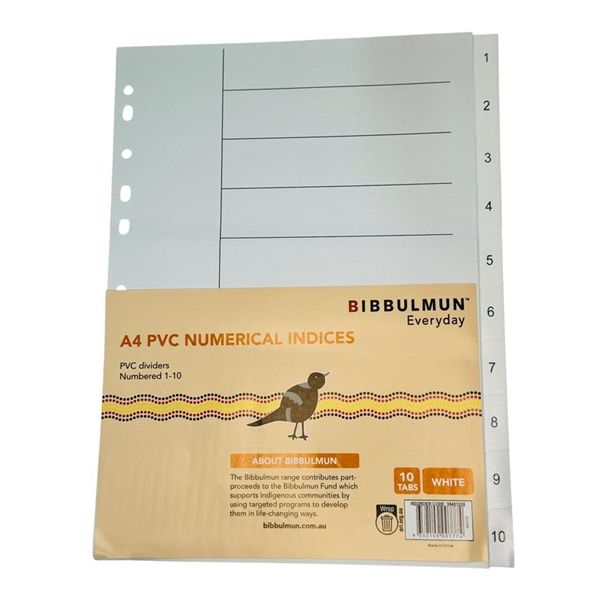Bibbulmun A4 PVC Numerical Index Dividers – 1–10 Tabs – White