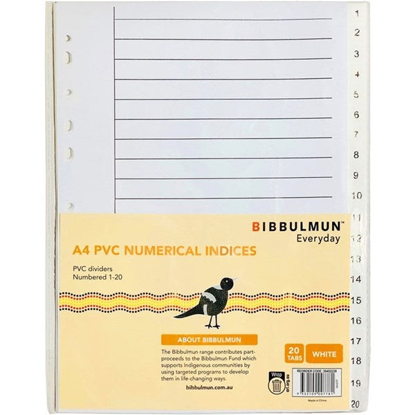 Bibbulmun A4 PVC Numbered Index Dividers – 1-20 Tabs – White