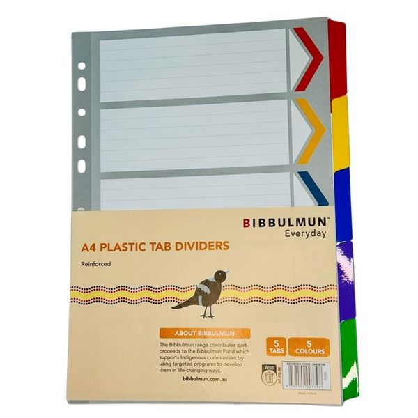 Bibbulmun A4 Plastic Reinforced Tab Dividers – 5 Coloured Tabs – White Index Sheets