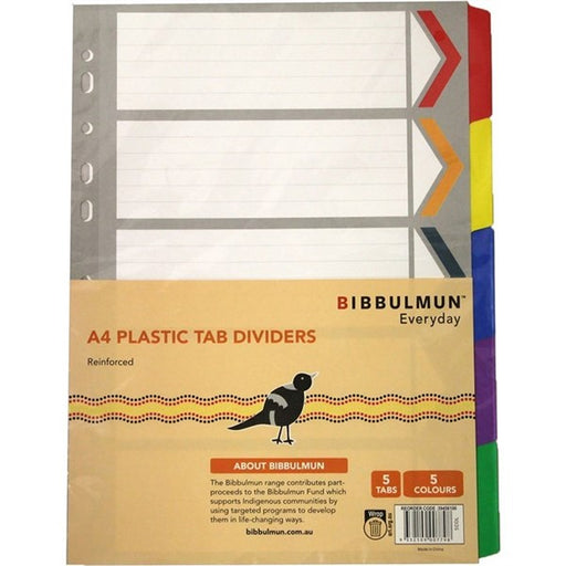 Bibbulmun A4 Plastic Reinforced Tab Dividers – 5 Coloured Tabs – White Index Sheets