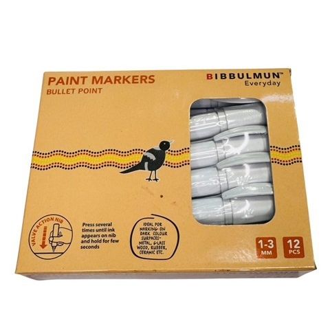 Bibbulmun Paint Markers 1-3mm Bullet Point White – Waterproof Medium Tip (Box of 12)
