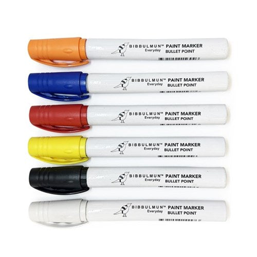 Bibbulmun Paint Markers Metal Barrel Bullet Tip 1-3mm Assorted Box of 12 ( 2 x Blue , 2 x Black , 2 x Orange , 2 x Red , 2 x White , 2 x Yellow )