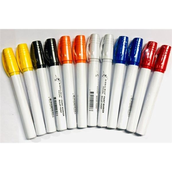 Bibbulmun Paint Markers Metal Barrel Bullet Tip 1-3mm Assorted Box of 12 ( 2 x Blue , 2 x Black , 2 x Orange , 2 x Red , 2 x White , 2 x Yellow )