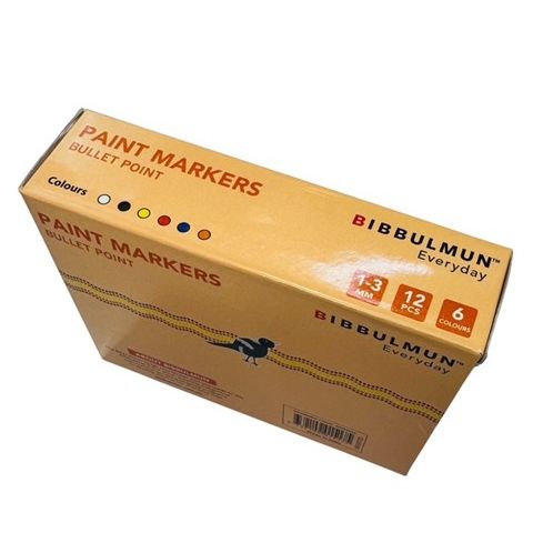 Bibbulmun Paint Markers Metal Barrel Bullet Tip 1-3mm Assorted Box of 12 ( 2 x Blue , 2 x Black , 2 x Orange , 2 x Red , 2 x White , 2 x Yellow )
