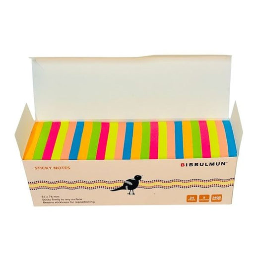 Bibbulmun Rio Colours Sticky Notes – Pack of 24 (76mm x 76mm, 2400 Notes, 5 Bright Colours)