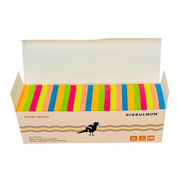 Bibbulmun Rio Colours Sticky Notes – Pack of 24 (76mm x 76mm, 2400 Notes, 5 Bright Colours)