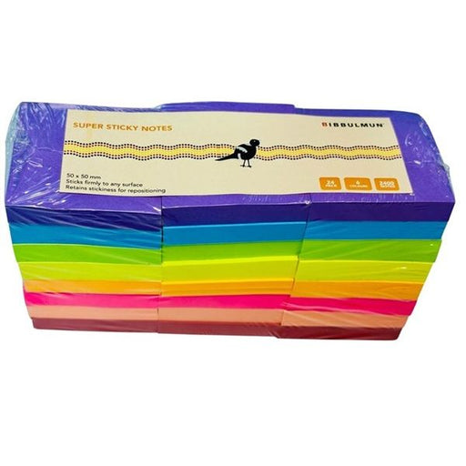 Bibbulmun Super Sticky Notes 50mm x 50mm – Assorted Colours, Pack of 24 (2400 Notes)