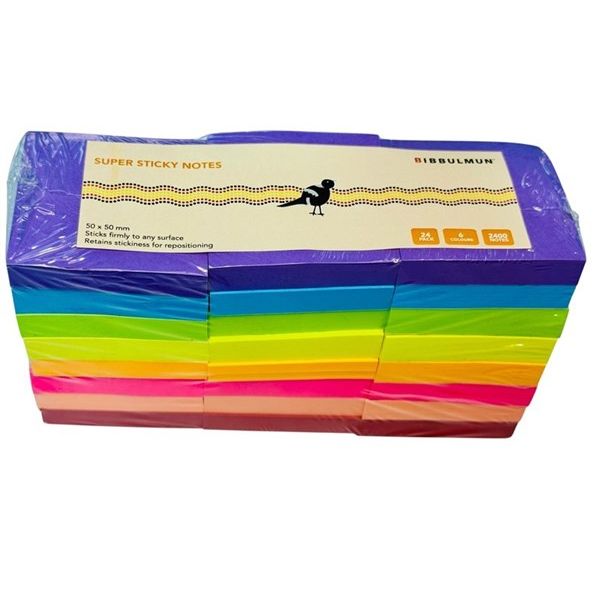 Bibbulmun Super Sticky Notes 50mm x 50mm – Assorted Colours, Pack of 24 (2400 Notes)