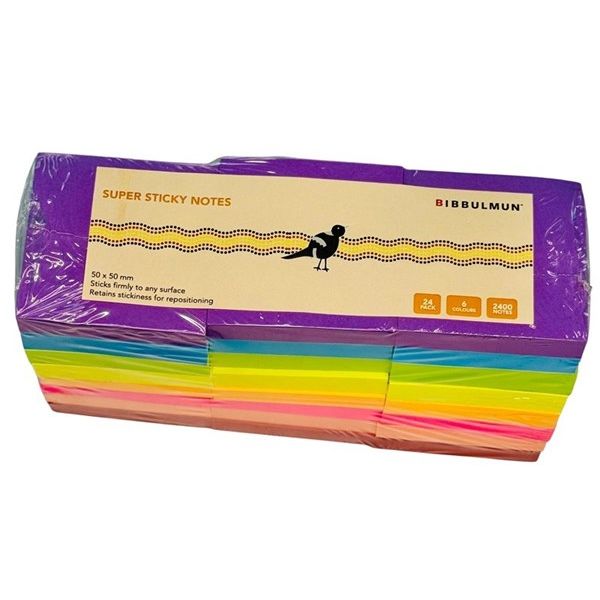 Bibbulmun Super Sticky Notes 50mm x 50mm – Assorted Colours, Pack of 24 (2400 Notes)