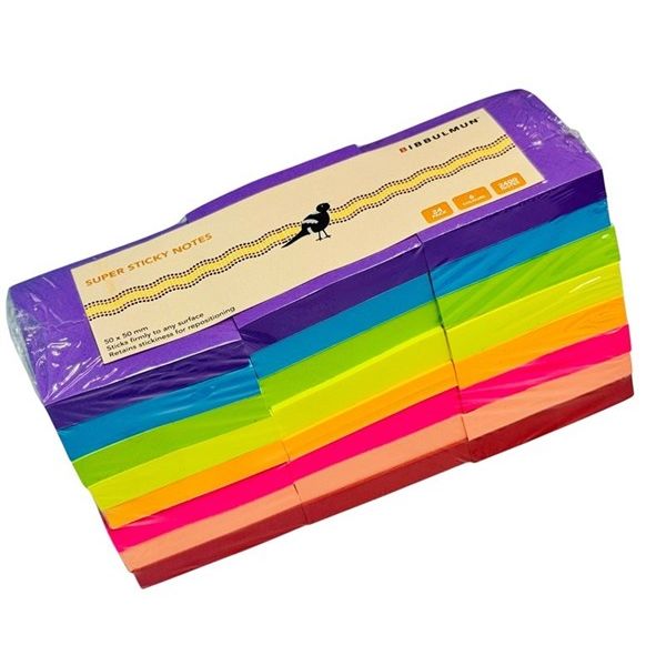 Bibbulmun Super Sticky Notes 50mm x 50mm – Assorted Colours, Pack of 24 (2400 Notes)
