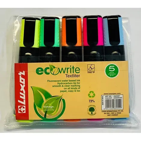 Luxor Highlighters, Assorted Colours - made using 73% post-consumer recycled materials - Wallet 5 assorted colours ( Buy in Multiples of 12 wallets )