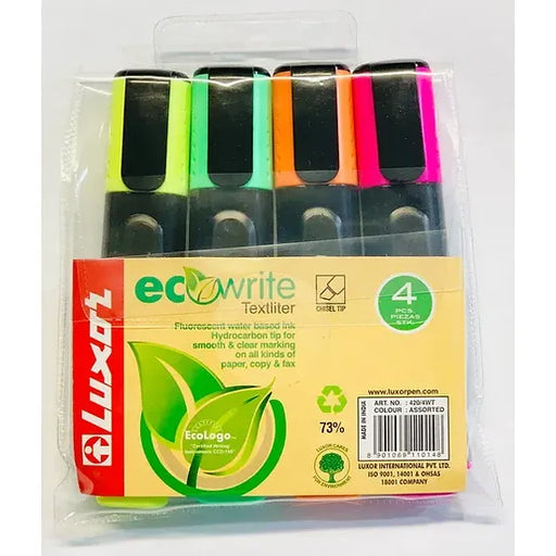 Luxor Highlighters, Assorted Colours -made using 73% post-consumer recycled materials-Wallet 4 assorted colours ( Buy in Multiples of 12 wallets )