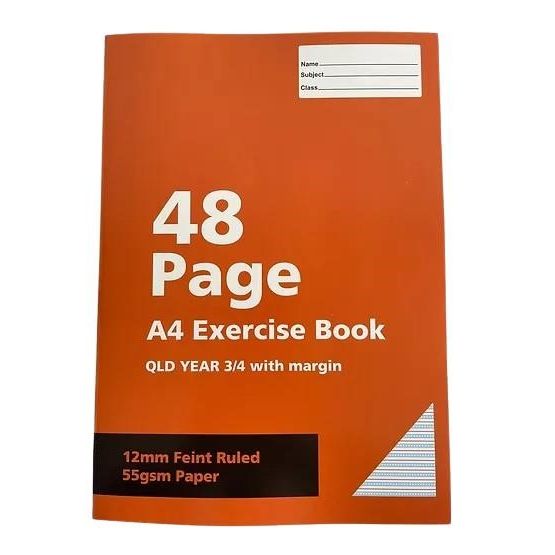 A4 55GSM Exercise Book 48 Pages Ruled 12MM - QLD Year 3 & 4
