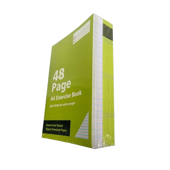 Premium A4 Exercise Book – 48 Pages, QLD Year 3/ 4 Ruled with Margin – 70gsm Paper (Pack of 12)