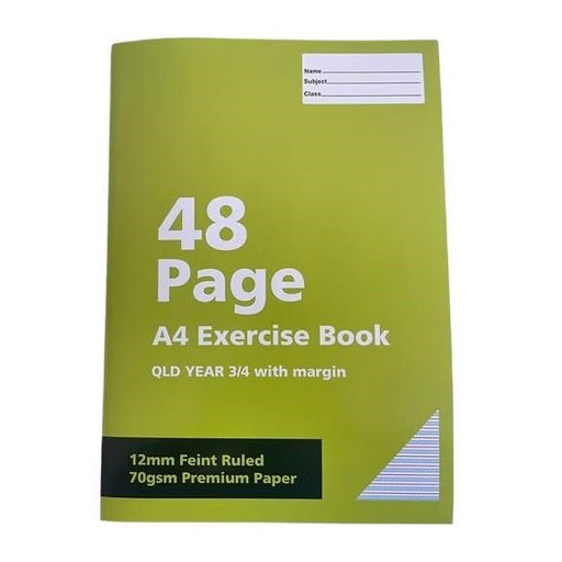 Premium A4 Exercise Book – 48 Pages, QLD Year 3/ 4 Ruled with Margin – 70gsm Paper (Pack of 12)