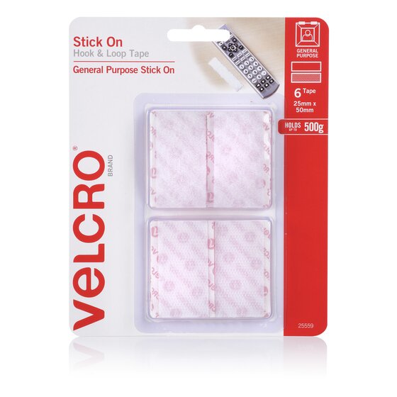Velcro Stick on Hook and Loop Tape 25X50MM White PK6