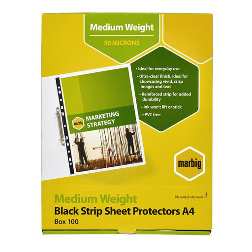 Marbig Sheet Protectors Medium Weight A4 Black Strip 100BOX