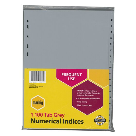 Marbig Indices & Dividers 1-100 Tab PP A4 Grey