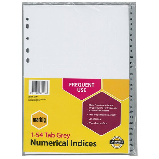 Marbig Indices & Dividers 1-54 Tab PP A4 Grey