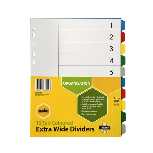 Marbig Indices & Dividers 10 Tab PP A4 Extra Wide
