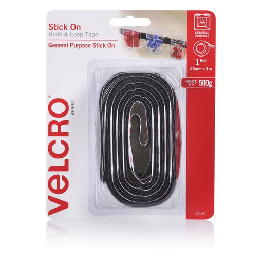 Velcro Stick on Hook and Loop Tape 25MMX1M Black