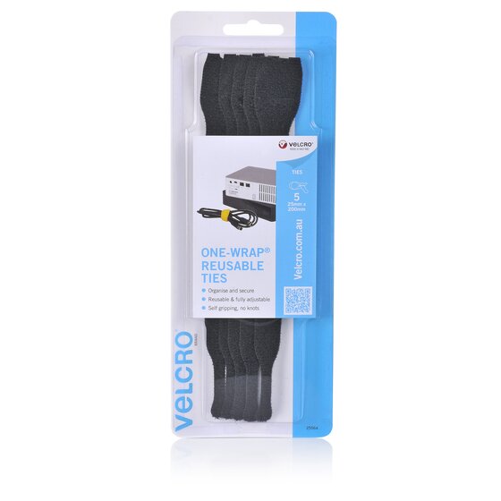 Velcro Reuse Ties 25X200MM Black PK5 25564