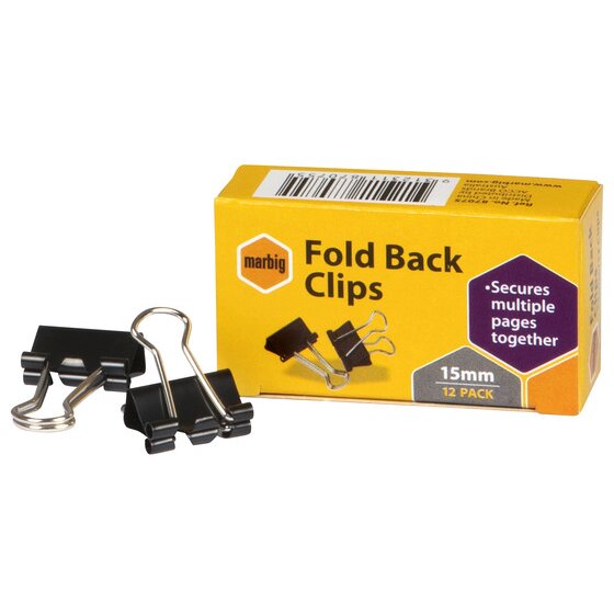 Marbig Fold Back Clips 15MM Box 12