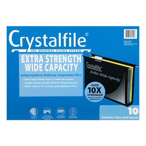 Crystalfile Extra Wide Suspension Files Foolscap Black Pack 10