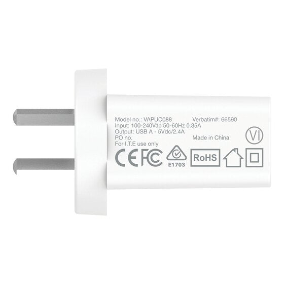 Verbatim Single USB Port Wall Charger 2.4A