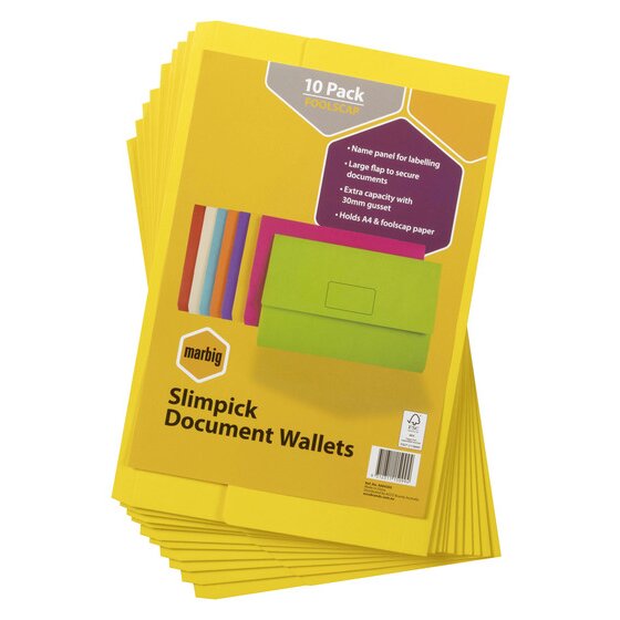 Marbig Slimpick Foolscap Document Wallet Brights Yellow PACK10