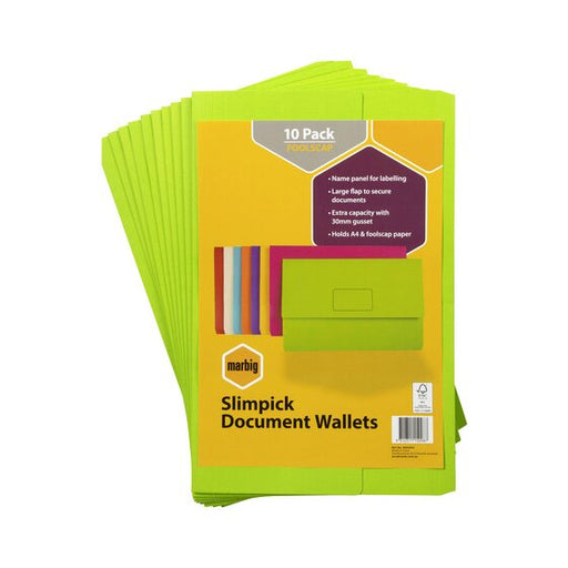 Marbig Slimpick Foolscap Document Wallet Brights Green PACK10